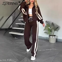 Y2K Clothes Women Striped Print Sportswear Set Fall Lapel Zipper Jacket Lace-up Pants Outfit Casual Long Sleeve Winter Tracksuit