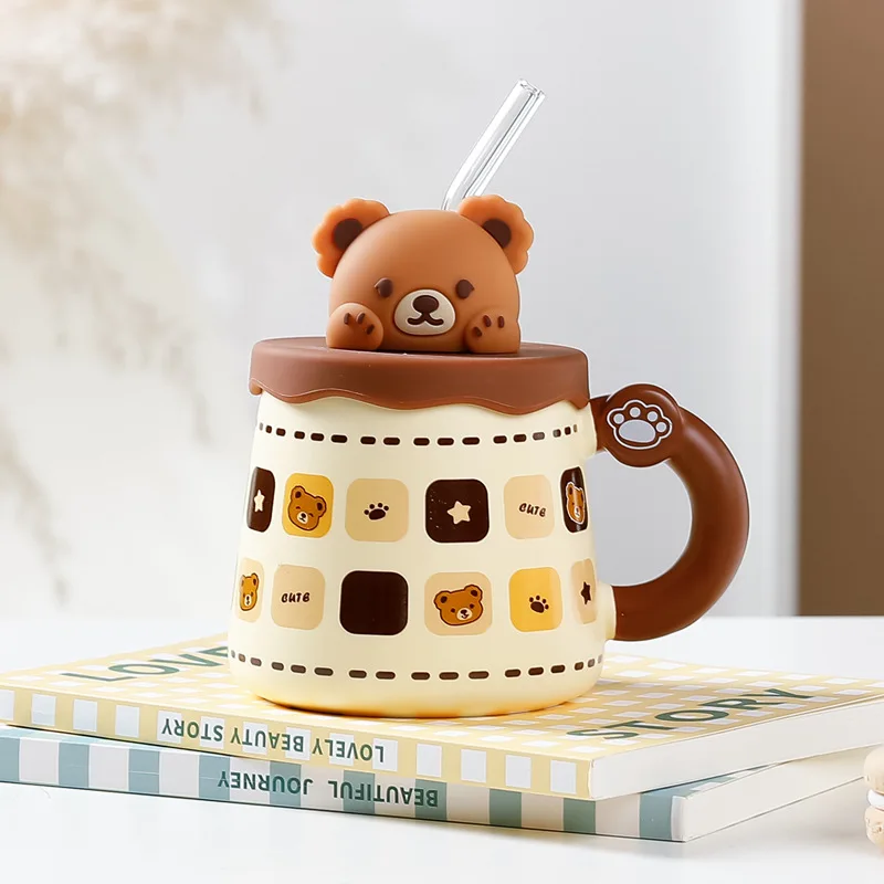 Creative Cute Lovely Bear Ceramic Mug with Lid, Coffee Cups, Breakfast Milk Mugs,Cup with Straw Water Cup, Large Capacity