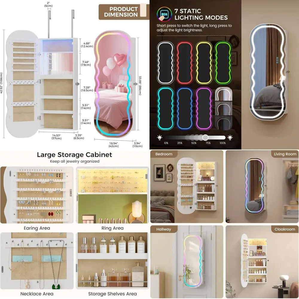 LED Illuminated Mirror Cabinet with Storage, Wall or Door Mountable Vanity Organizer, Lockable Mirrored Armoire