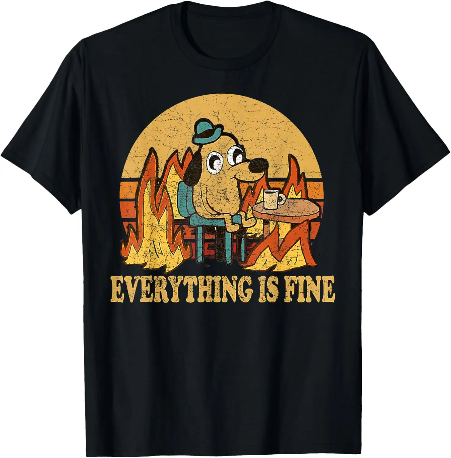 Everything Is Fine Dog Drinking Coffee Burning Meme T-Shirt Small 100% Cotton Trendy Y2K Short-Sleeve Tee-Soft, Quick-Drying,