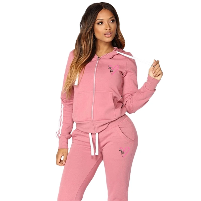 Summer women\'s full zip hoodie+sports pants two-piece set of sportswear printed hooded jogging sportswear two-piece set