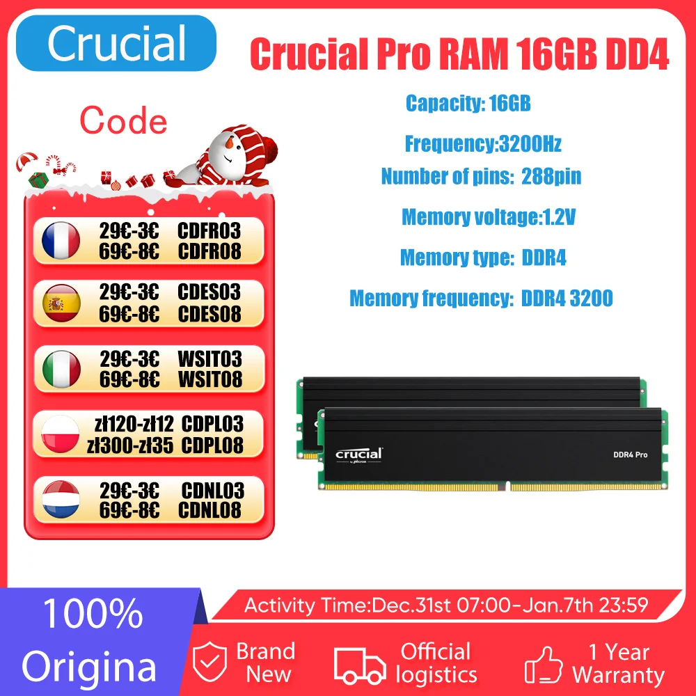 AAA Crucial Pro RAM 16GB DDR4 3200MT/s Desktop Memory Plug-and-play high Performance DDR4 Pro 3200MHz 1.2V Performance Stability