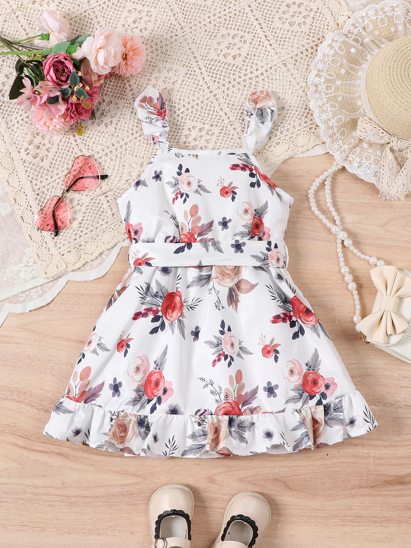 Fashionable Casual Floral Dress with Pleated Decoration for Girls (Including a Belt) Suitable for Outdoor Vacations in Summer.
