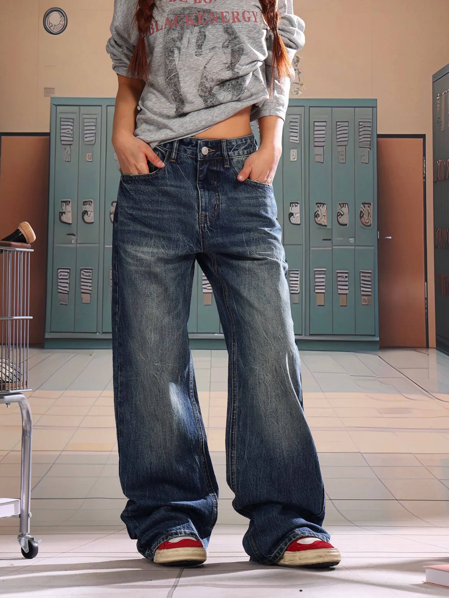 

Light Blue American Sle Faded Denim Jeans Women's Loose Wide Leg Pants Spring Early Personali Slimming Long Trousers