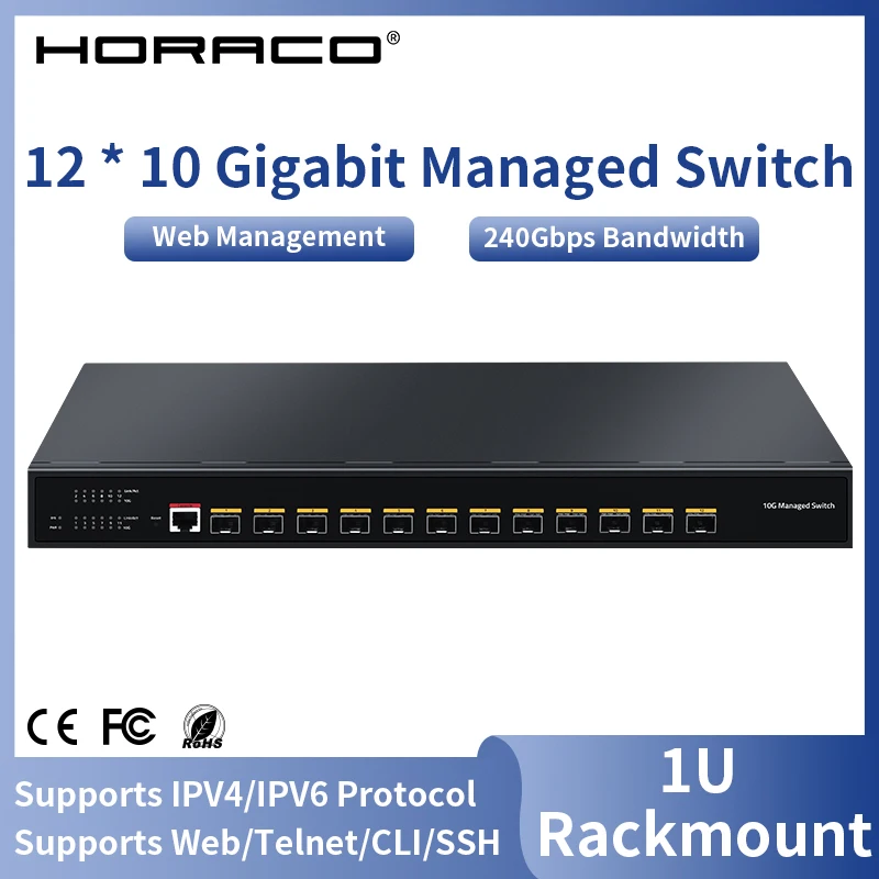 HORACO 10Gigabit Ethernet Switch Managed 10000Mbps 12 Port Optical SFP Network Switch with QoS/VLAN/IGMP/DHCP 1U Rackmount