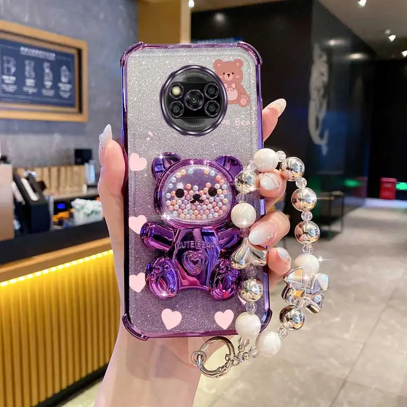 Capa de suporte de telefone com cordão de pérola, glitter, urso de pelúcia, para xiaomi mi poco x3 nfc gt m3 pro x5 f3 f4 x6 m6, capa anti-queda