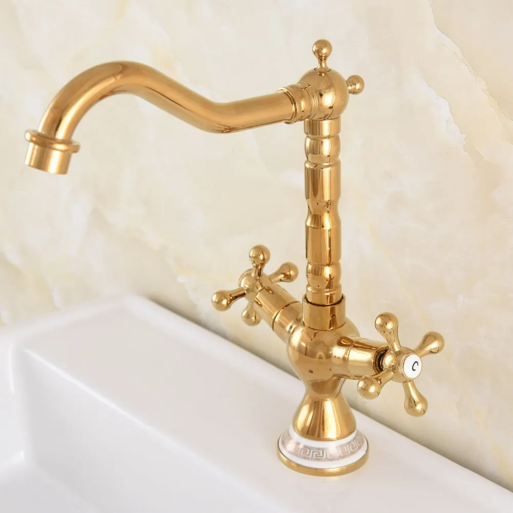 Gold Color Brass Ceramic Base Dual Cross Handles Bathroom Kitchen Basin Sink Faucet Mixer Tap Swivel Spout Deck Mounted mnf711