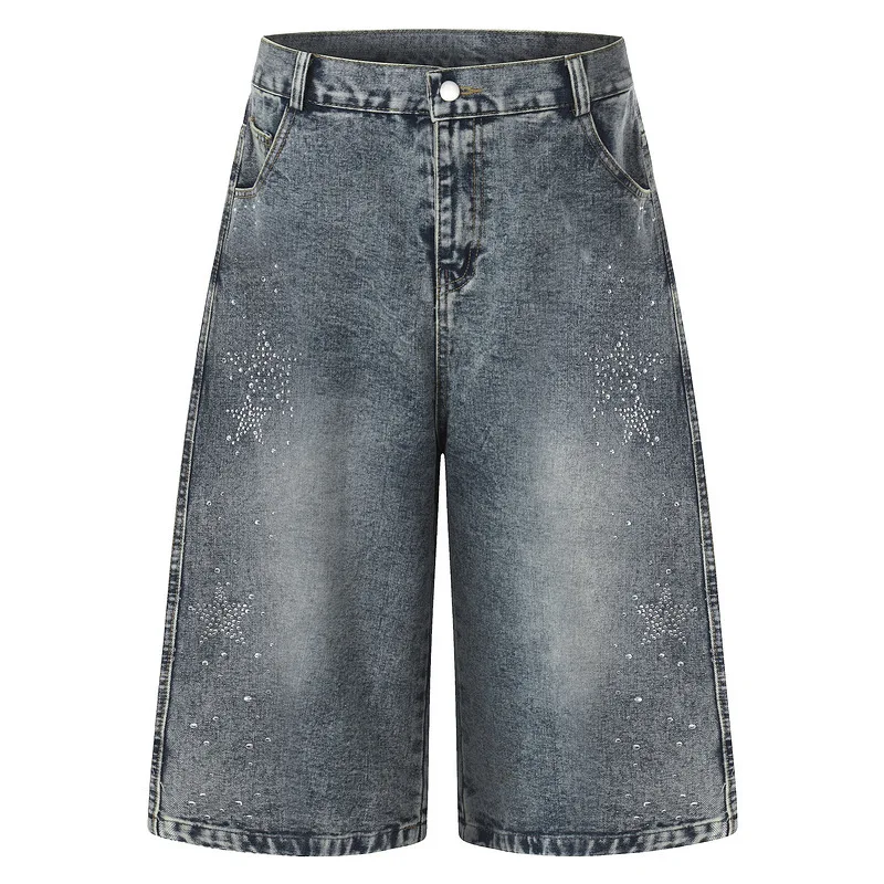 

Men's Loose Fit Vibe Style Short Jeans With Hot Rhinestone Straight Fit Baggy Denum Shorts Summer Jeans For Male