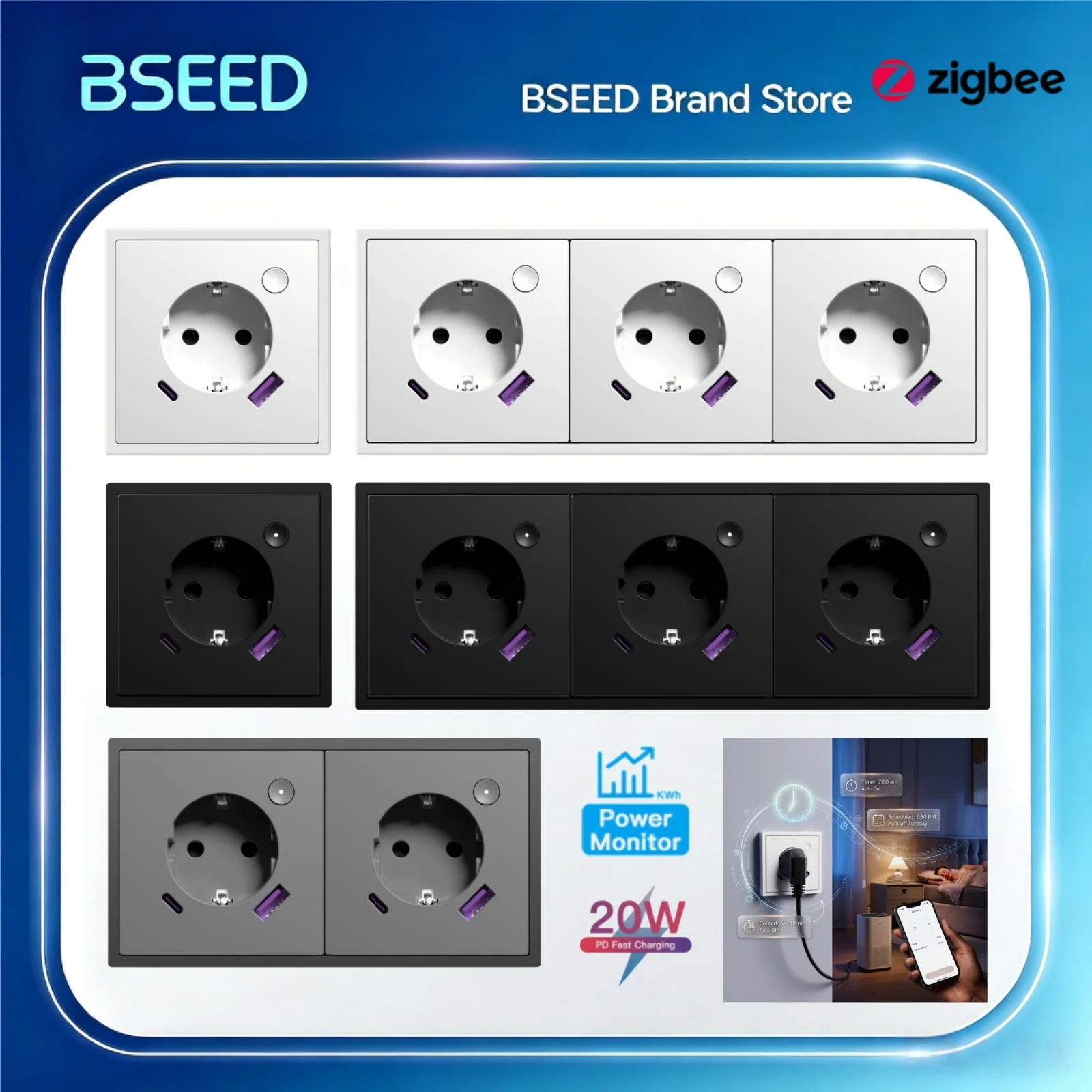 Gniazdo inteligentne BSEED E Series Zigbee z funkcją monitorowania energii, szybkim ładowaniem 20W, portem USB Type-C, sterowaniem Tuya Smart Life, plastikowa obudowa.