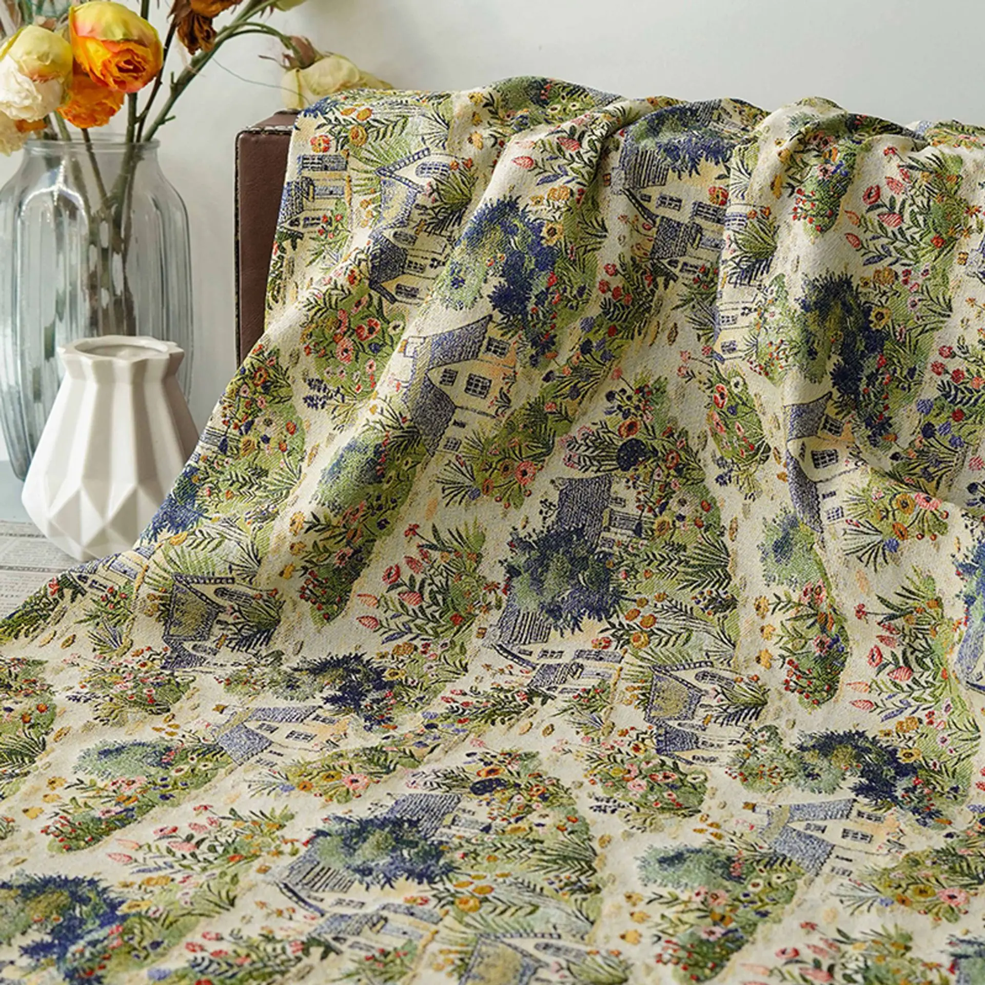 

Pastoral Oil Painting Style Jacquard Fabric Retro Dress Coat Curtain Sofa Handmade Sewing Fabric