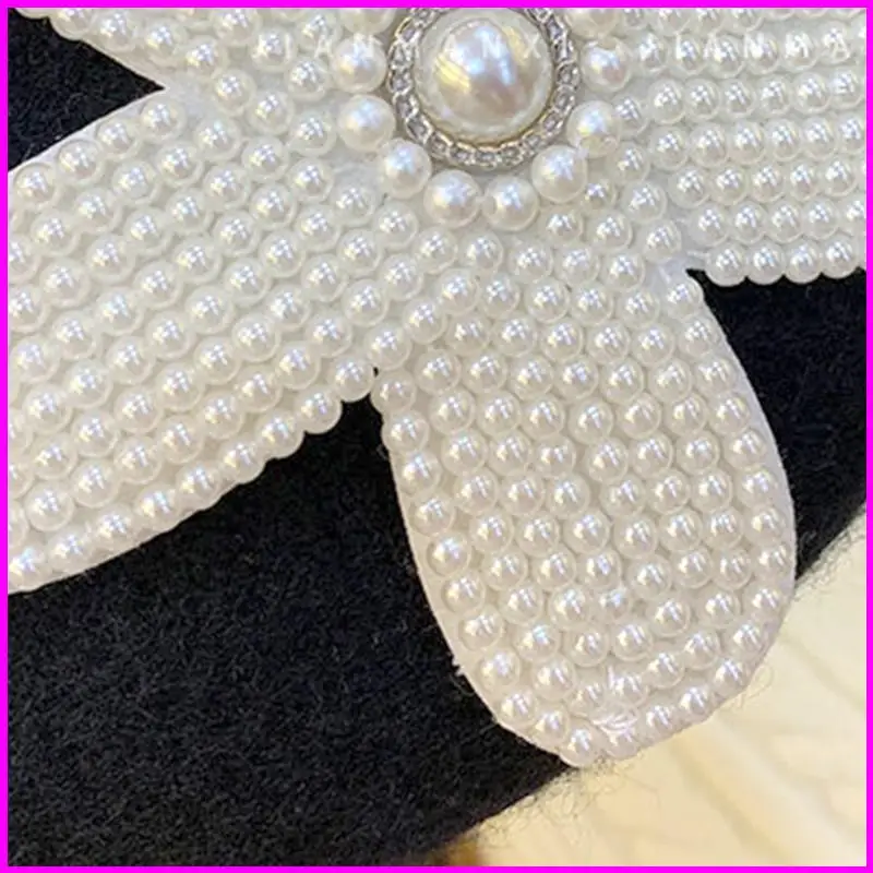 ヴィンテージ ベレー帽 ペインター ハット パール フラワー ウィンター ビーニーハット ブラック オールマッチ