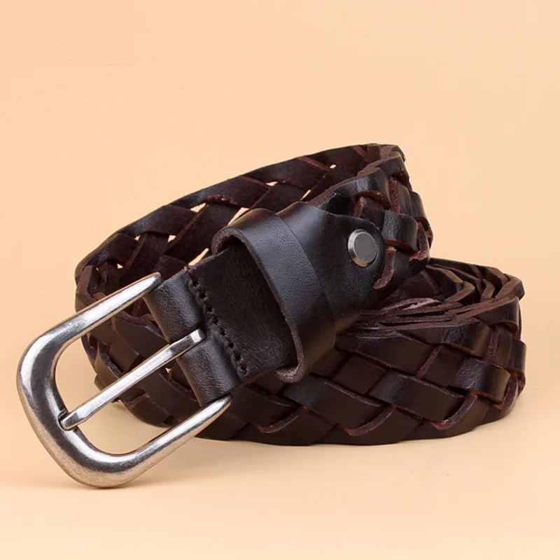 Genuine Leather Braided Belt Fashion Decorative Pin Buckle Belt Women's Retro Belt