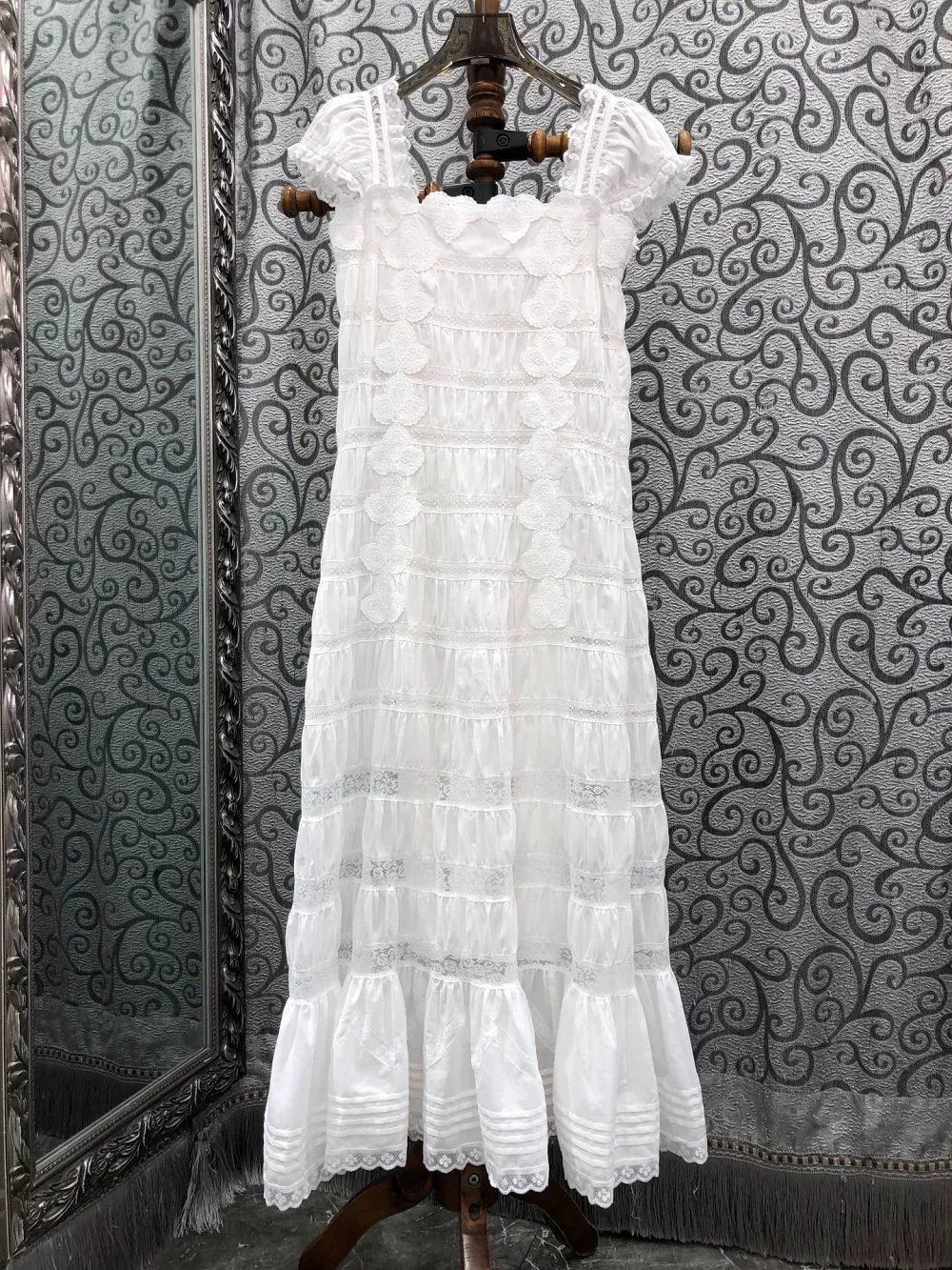 100%Cotton Long White Dress 2026 Summer Party Evening Lady Lace Floral Embroidery Patchwork Short Sleeve Long Maxi Dress Club