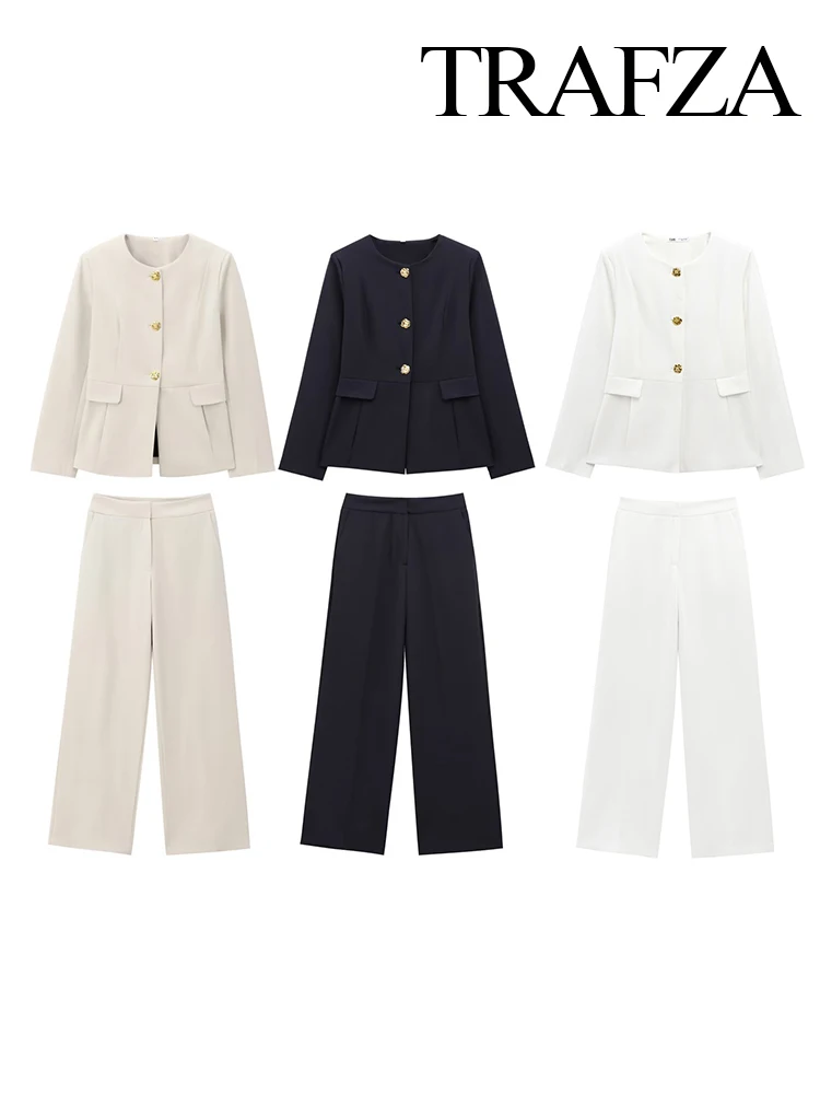 HH Set da 2 pezzi alla moda da donna Versatile giacca slim fit con scollo tondo + Pantaloni dritti casual eleganti con cerniera High Street