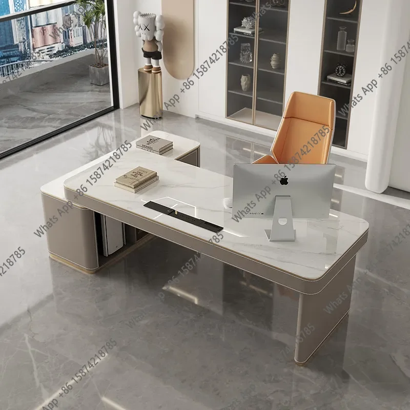 Oo Modern Light Luxury High-end Saddle Skin Rock Slab Boss President's Desk Living Room Learning Corner Large Desk
