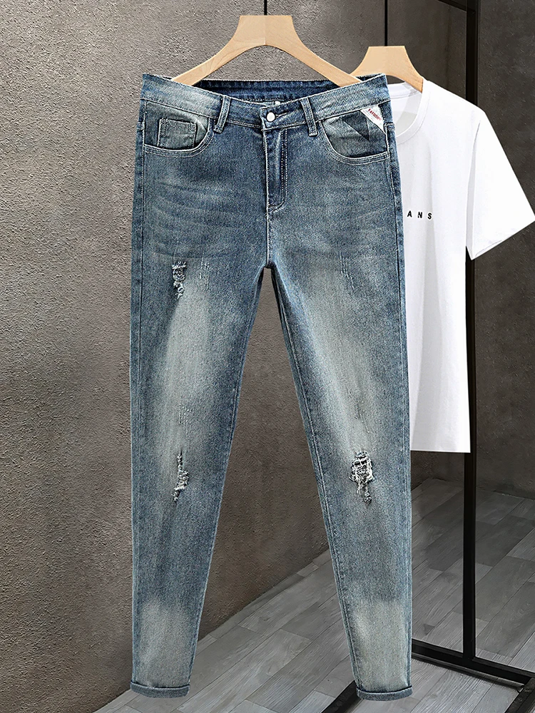 

Летние тонкие джинсы с талией в стиле ретро, мужские эластичные облегающие джинсы с манжетами, новинка 2024, универсальные брюки Haome, молодежные джинсовые джинсы Faion