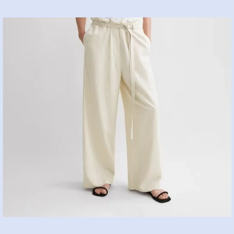 

Simple and fashionable viscose linen lace up waistband, loose waist, straight leg, handsome and casual wide leg pants