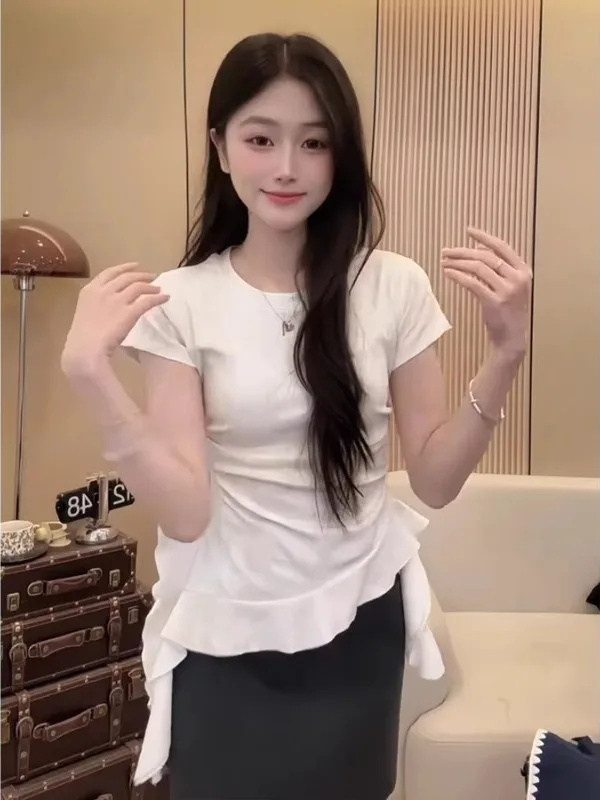 สลิมมิ่ง ort Sve เสื้อยืดสําหรับผู้หญิงขนาดบวก Ele Ruffle Hem เข็มขัดที่ไม่ซ้ํากันฤดูร้อนเกาหลี Sle เดินทาง Faion