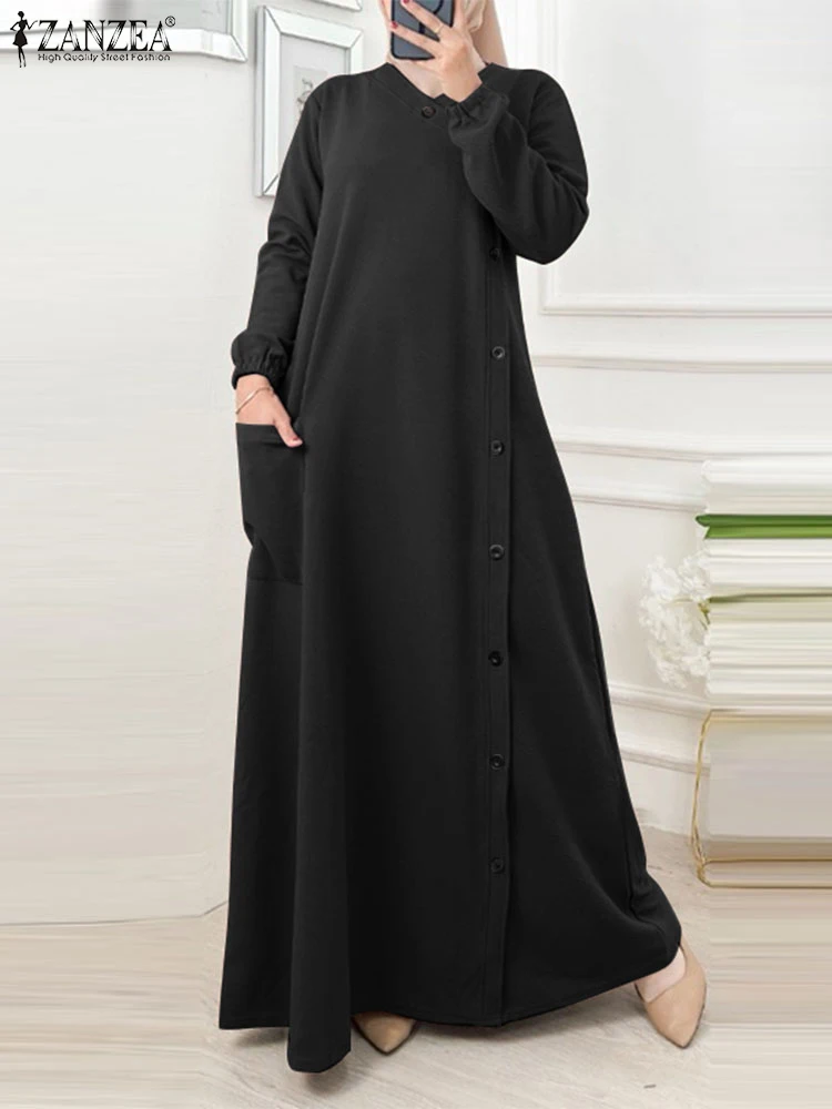 2024 ZANZEA Jesienne sukienki maxi muzułmańskie Abaya Dubai IsIamic Odzież damska z długim rękawem zapinana na guziki szata Kaftan Solid Loose