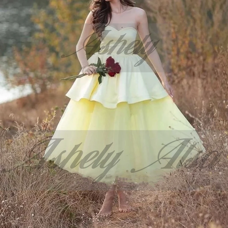 간단한 빛 노란색 댄스 파티 특별 행사 드레스 연인 새틴 Tulle 차 길이 웨딩 게스트 파티 이브닝 ​​가운 NewCustomized