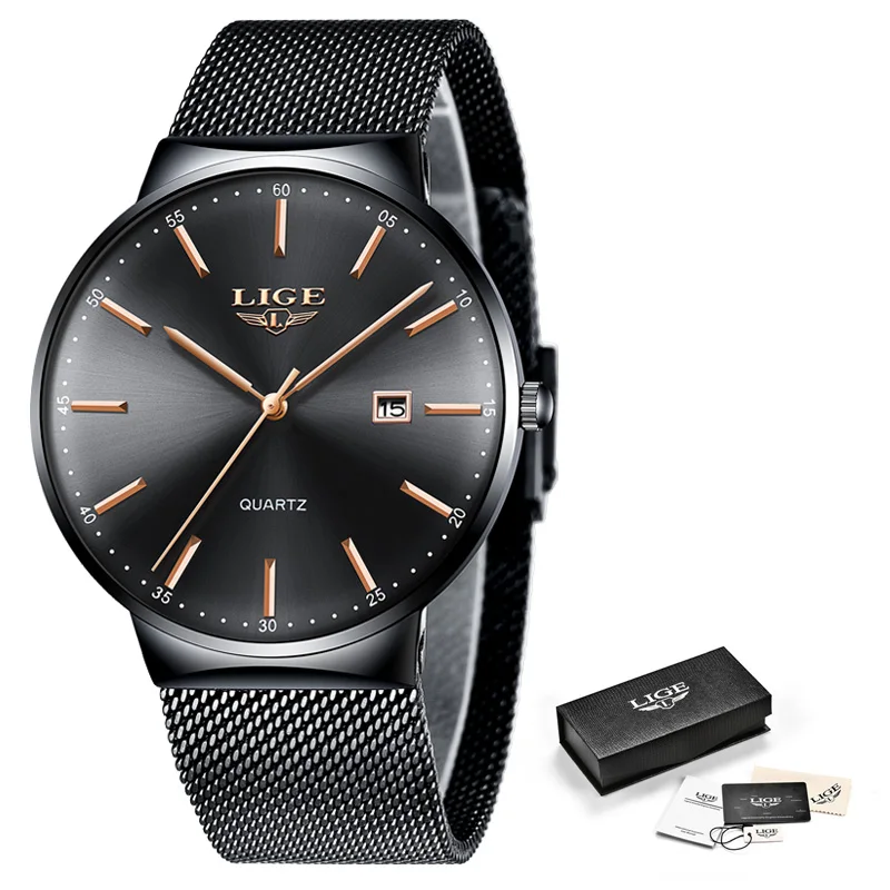 LIGE Mens Watches Fashion Ultra Thin Watch Man Waterproof Date Quartz WristWatch for Men Business Male Clock Relogio Masculino