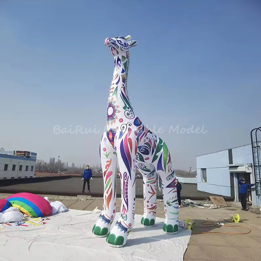6M Giant Inflatable Colorful Pattern Giraffe with White LED Light Playground Air Blow Jungle Animal Mascot Event Decor Advertise