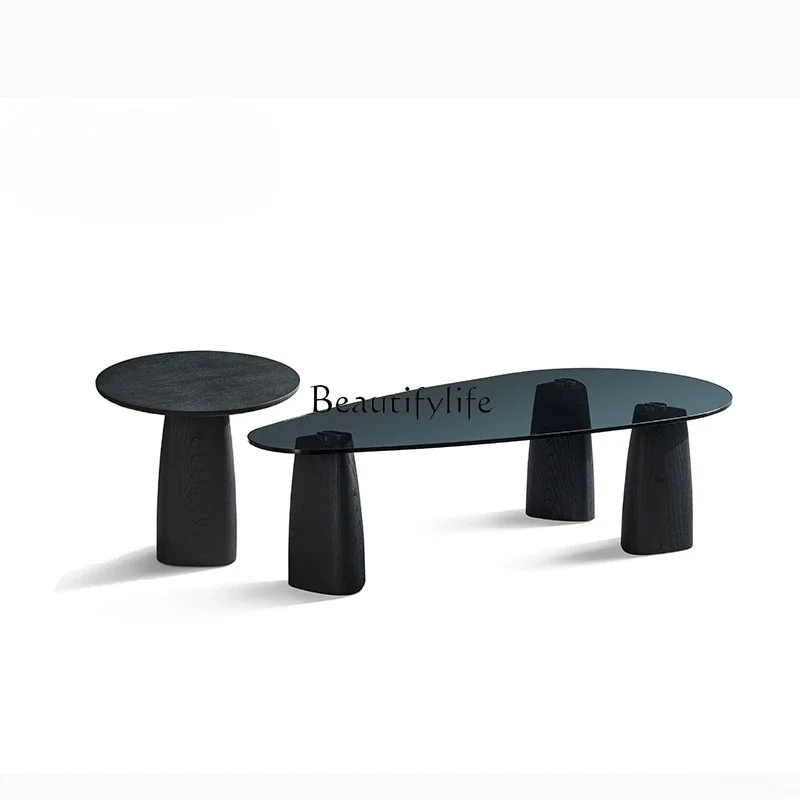 

ls 04Medieval style high-end natural black elm coffee table glass wood grain combination