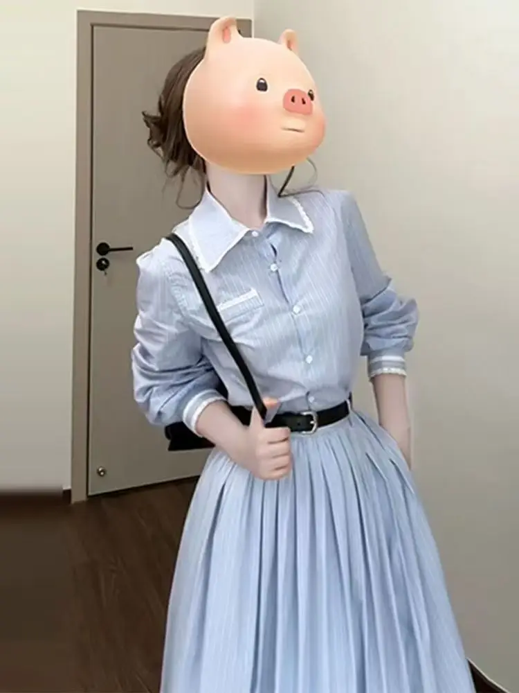 Blauw Gestreepte Polo Kraag Zoete Preppy Stijl Elegante Casual Vrouwen Lange Shirts Jurken Button Up Geplooide Jurk High Street Fashion