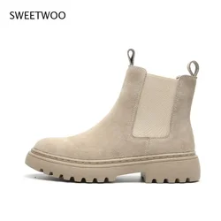 Women Laceless Platform Boots Suede Ankle Boots Leather Ankle Boots Chelsea Style Fall Season