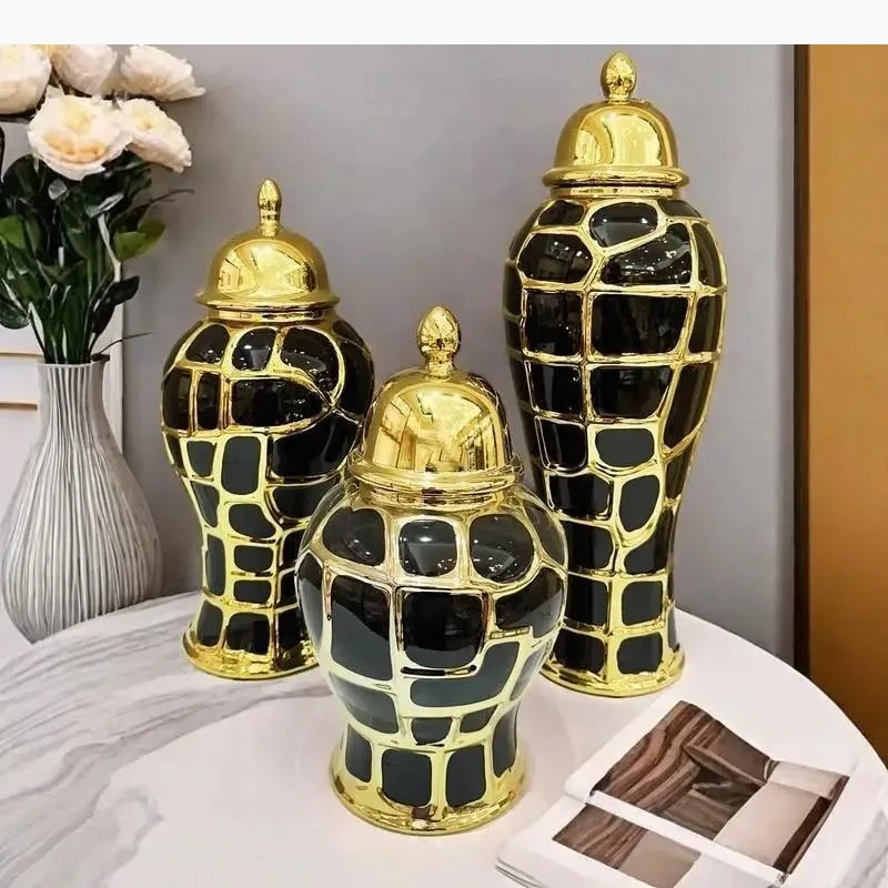 Black Checkered Pattern General Stripes Porcelain Jar Vases Dresser Table Jewelry Cosmetic Container