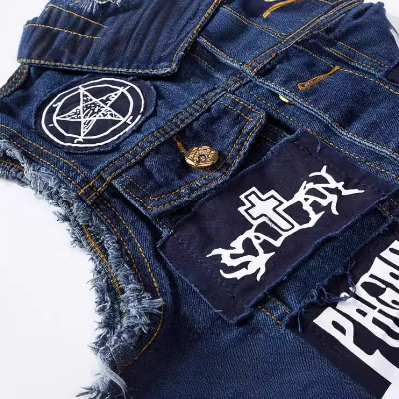 Original Version of Slim-fit Trendy Men's Patch Denim Vest Men's Large-size Locomotive Foreign Trade Sticker Personalized Vest
