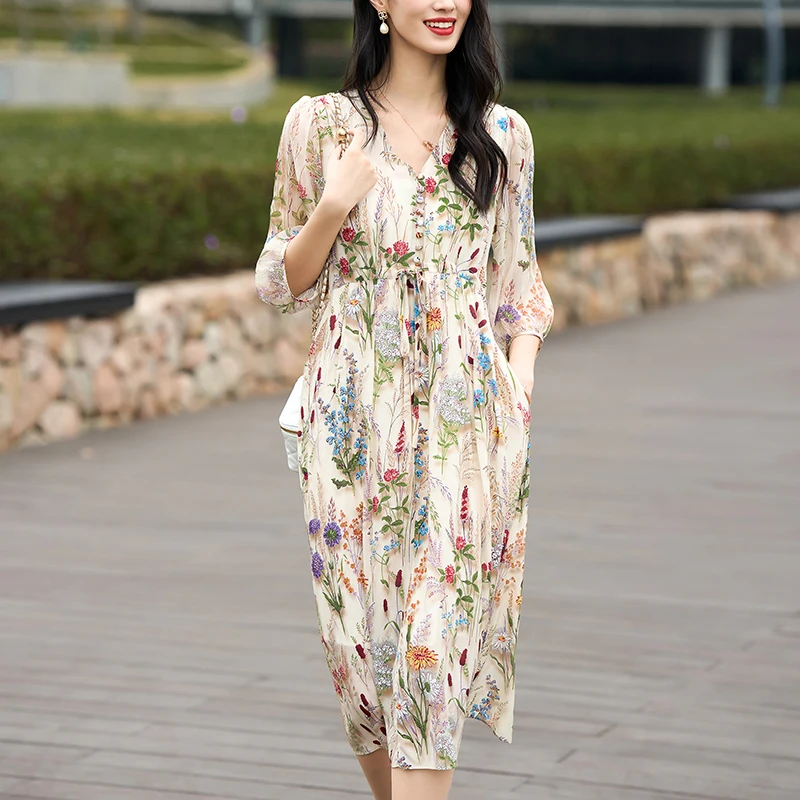 100% Real Silk Women's Holiday Dress Spring Summer V-neck Elegant Dresses for Women Prairie Chic Floral Print Long Dress A-line