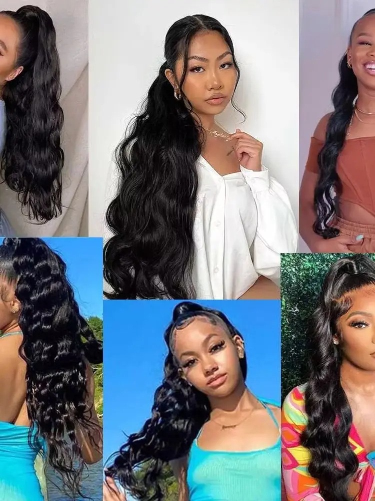 Body Wave Echthaar-Pferdeschwanz mit Kordelzug, Clip-in-Pferdeschwanz aus brasilianischem Remy-Haar, natürliche Farbe, hitzebeständiger Pferdeschwanz für Frauen