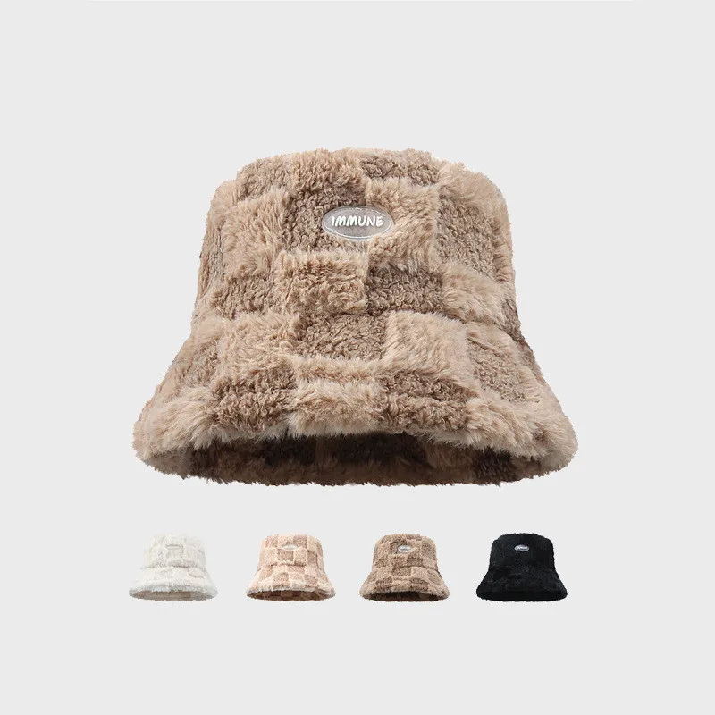 

Lamb Plush Fisherman Hat Girl Fashion Berber Fleece Checkered Bucket Hat Winter Cold-proof Thicken Cap Outdoors Wide Brim Warmth