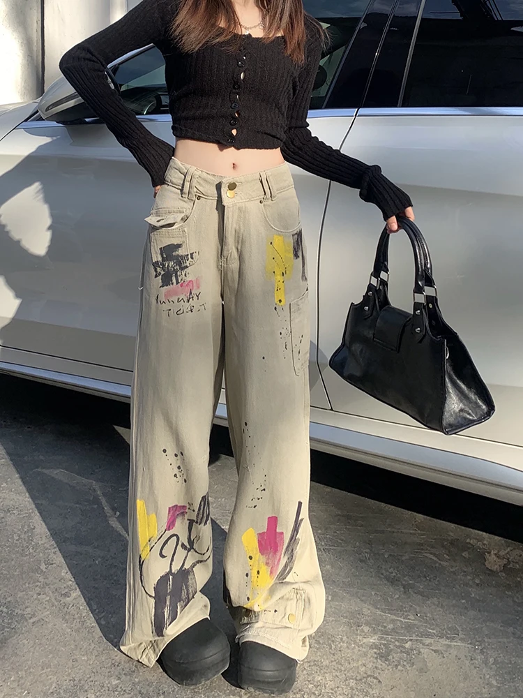 WCFCX STUDIO Vintage Graffiti Print Jeans High Waisted Loose Wide Leg Pants Niche Design Chic Streetwear Fashion Denim Trousers