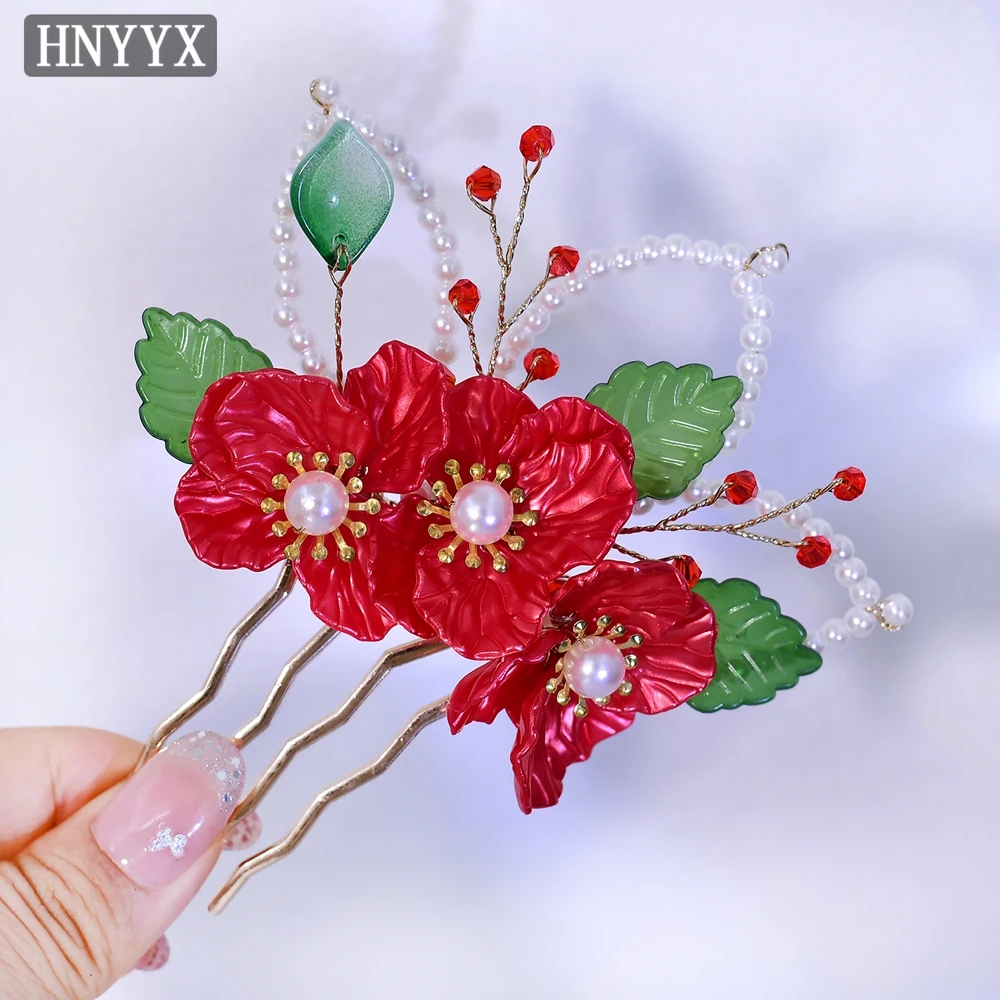 

HNYYX Pearl Crystal Bridal Hair Comb Chinese Style Flower Headband Hairpin for Women Bride Wedding Hair Accessories Jewelry A396