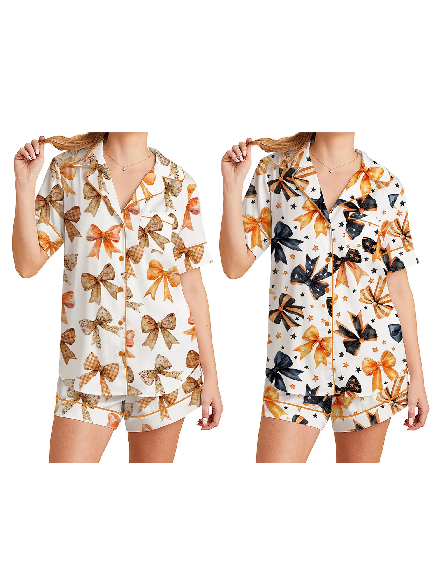 

Women s Halloween 2Pcs Lounge Set Short Sleeve Lapel Bow Print Shirt Shorts Sleepwear Sets with Matching Eye Mask