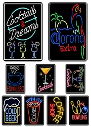 Fluorescent Bar Tin Sign Club Pub Decorative Plaque Colorful Cocktail Beer Bowling Metal Iron Plate Wall Decor Iron Paintin