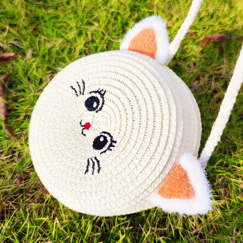 Summer Straw Bag Children\'s Small Shoulder Bags Baby Girls Mini Coin Purses Cute Cat Kids Chest Crossbody Bags Cartoon Straw Hat