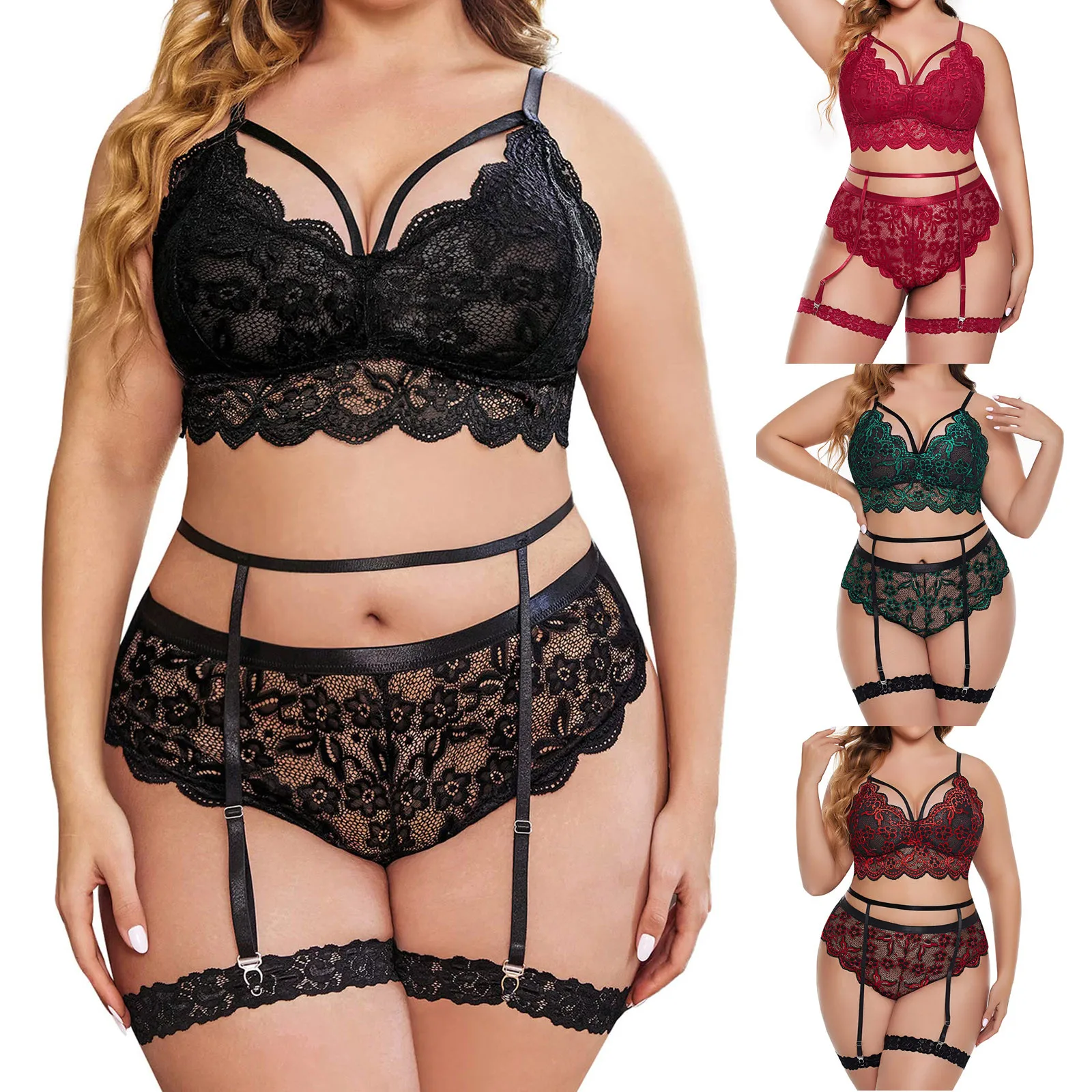 

Plus Size Lingerie Set For Women Floral Lace Scallop Trim Garter Lingerie Set High Waist Bra Panties Set Female Backless Clothes