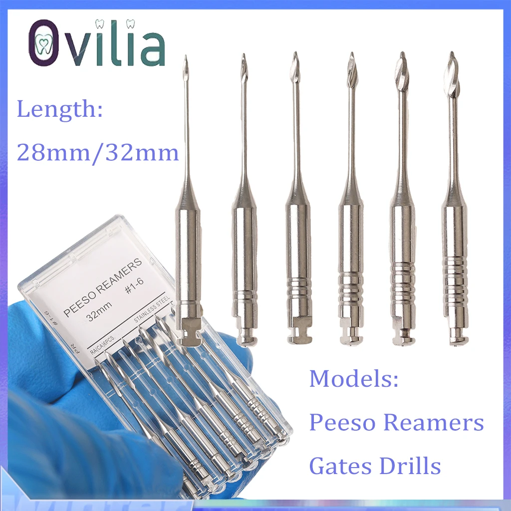 6 Size Dental Peeso Reamers Engine Use Gates Drill Burs Endodontic Files Odontologia Supplies Stainless Steel 32/28mm 6Pcs/Pack