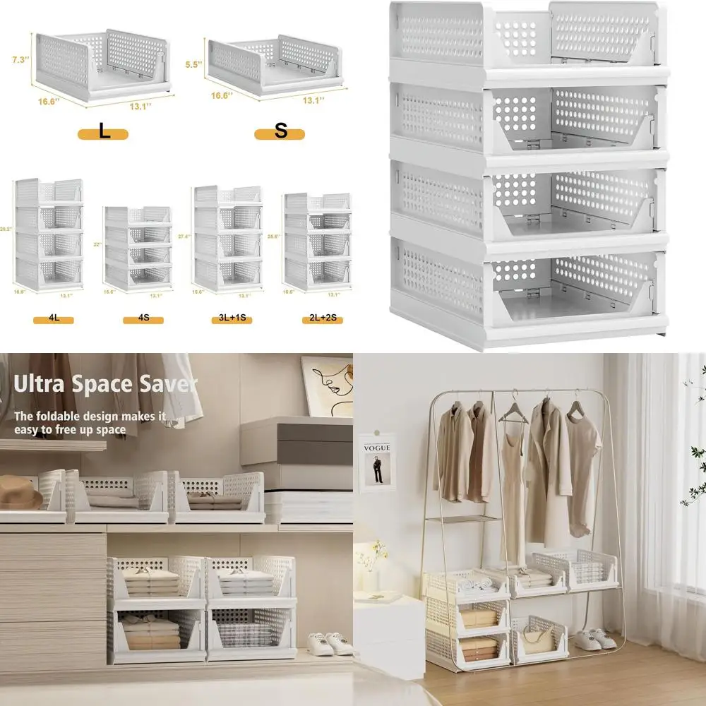 

Collapsible Plastic Storage Bins for Home, Office, and Kitchen - 4 Pack Foldable Organizer Baskets