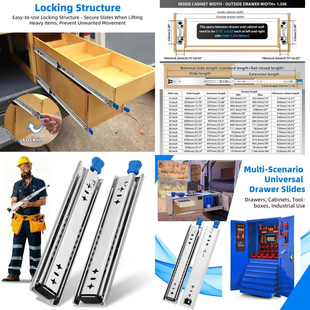 

Усиленные направляющие из нержавеющей стали с замком, полный выдвижной ход, шариковые подшипники, 12-40 дюймов, нагрузка до 250 фунтов, 1 пара