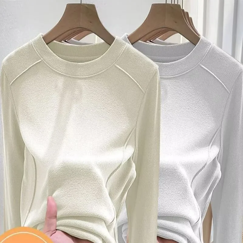 German velvet base shirt for women, autumn and winter, stylish warm round neck, high-end and versatile new long sleeved T-shirt