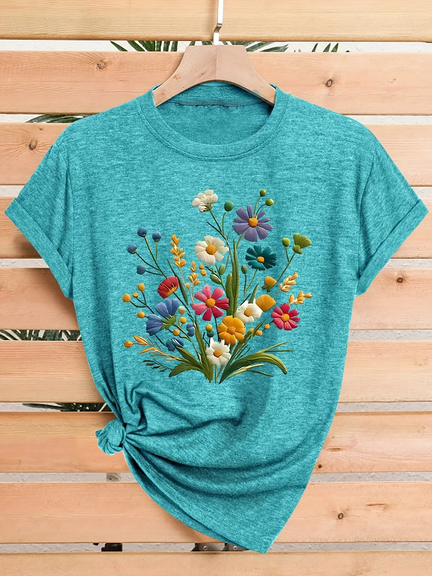 Wildflower Bouquet Women's Tee - Colorful Floral Graphic, Casual Teal Top