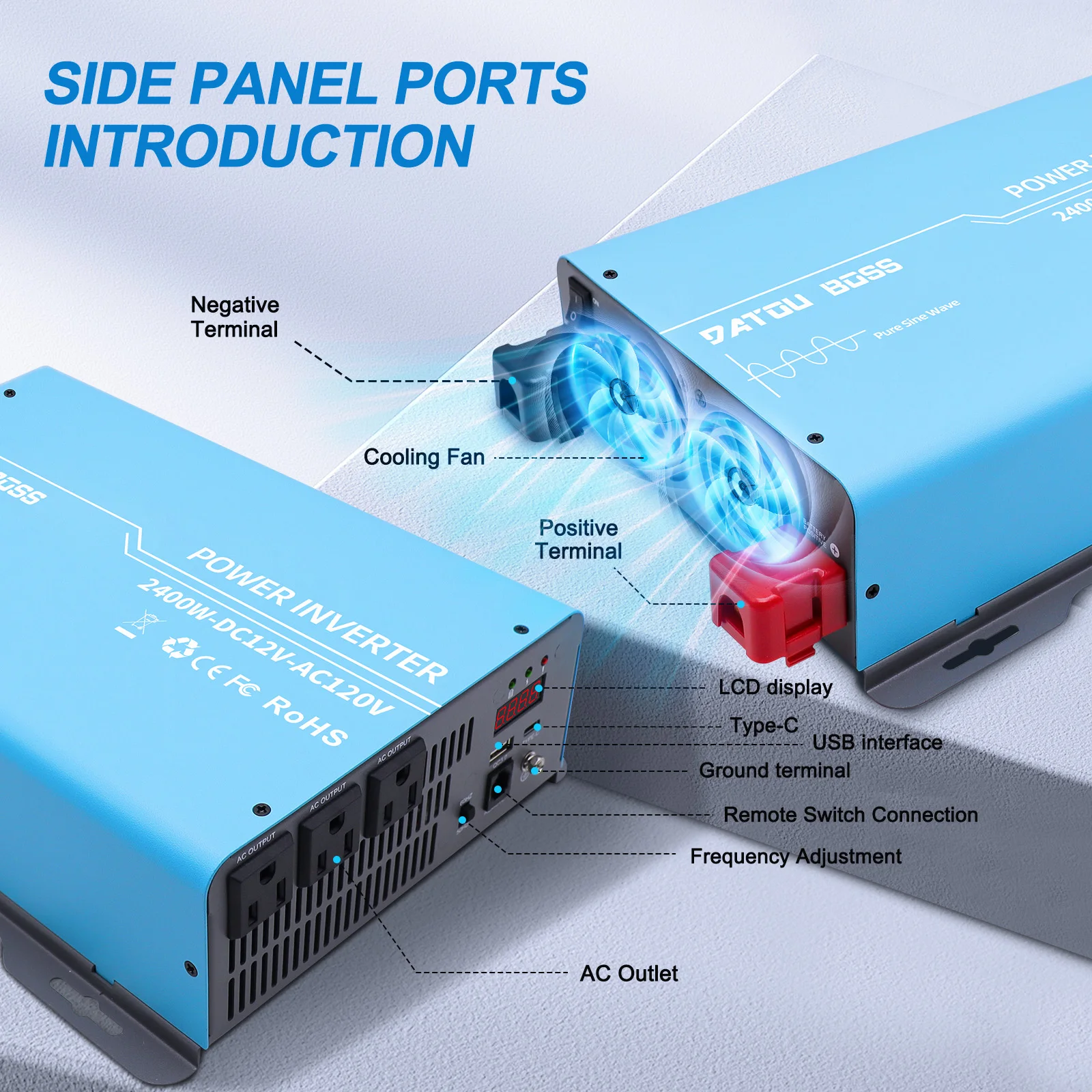 DATOUBOSS Power Inverter 2400 Watt Pure Sine Wave Inverter 12V to 110V 120V AC Converter, Peak 2400W with Dual AC US Outlets