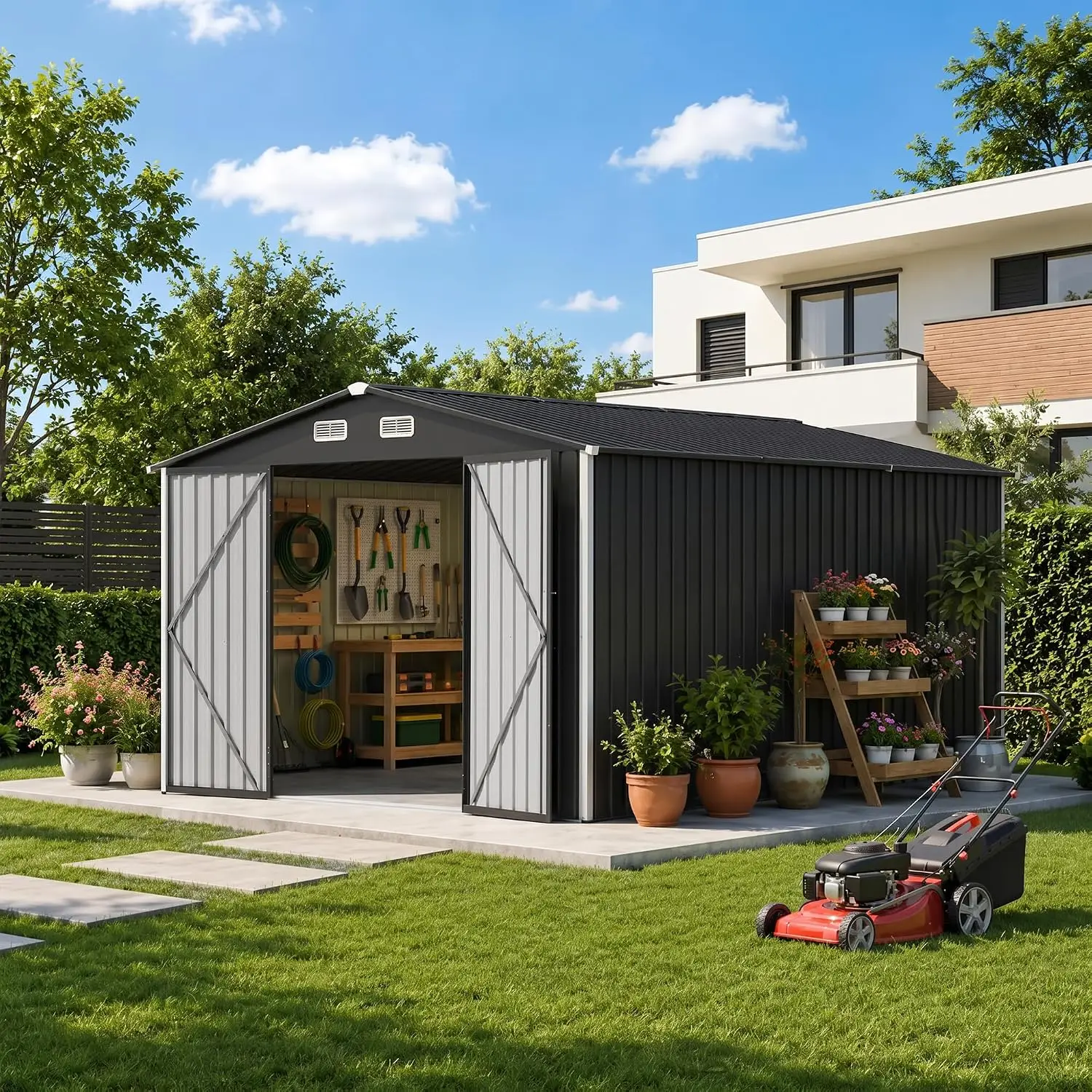 10x12 FT Outdoor Storage Shed, Metal Garden Shed with Lockable Door & Breathable Vent, Waterproof Outside Tool Shed for Patio