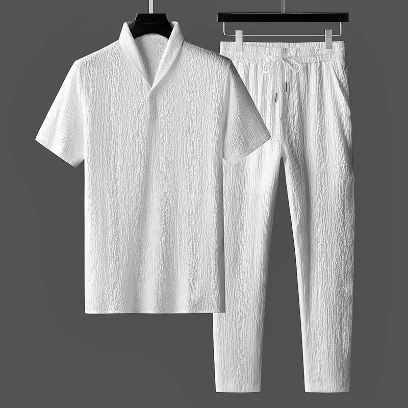 Summer Ice Silk Linen Lapel Short Sleeve Long Pants Set Men's Casual Trendy Top
