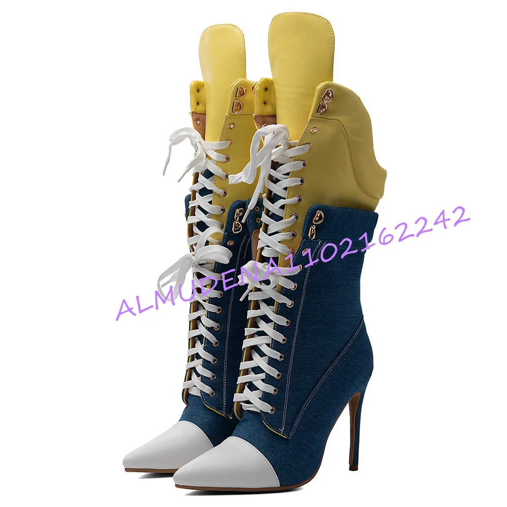 Women Denim Patchwork Knee High Boots Pointed Toe Lace Up Thin Stiletto Heel Fold Yellow Cuff Side Zipper Street Tall Booties view 6
