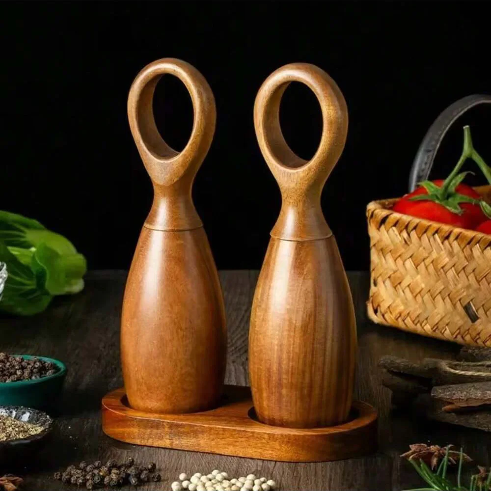 1/2 wooden salt and pepper grinder sets with ceramic core and storage rack-adjustable manual spice grinder, suitable for barbecu